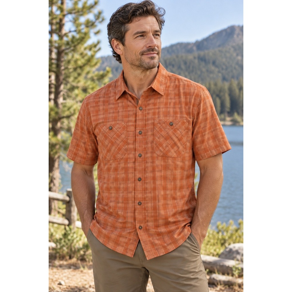 NWT Orvis Men's Large Rust Plaid Short Sleeve Shirt Outdoorsman Gorpcore Western